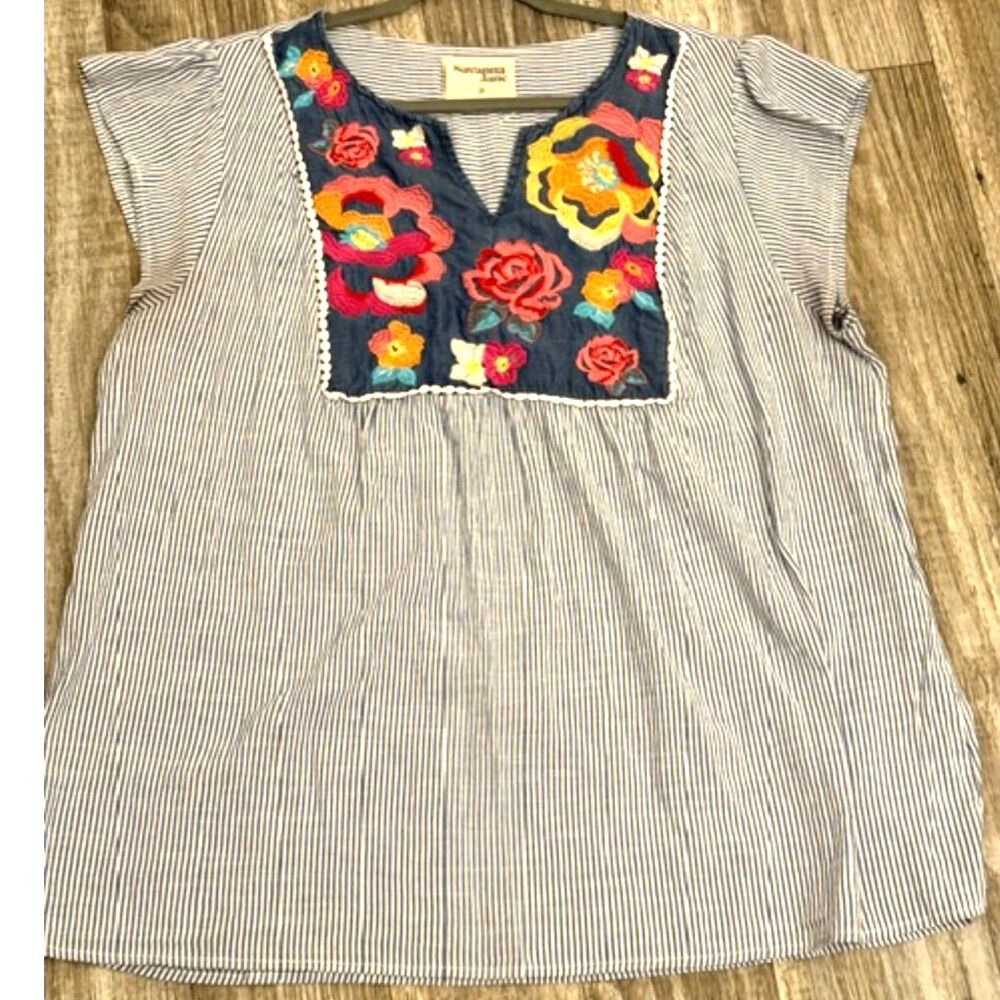 Savanna Jane Embroidered Boho Blouse Women’s 2X Floral Top Stripe Tunic - Picture 4 of 9